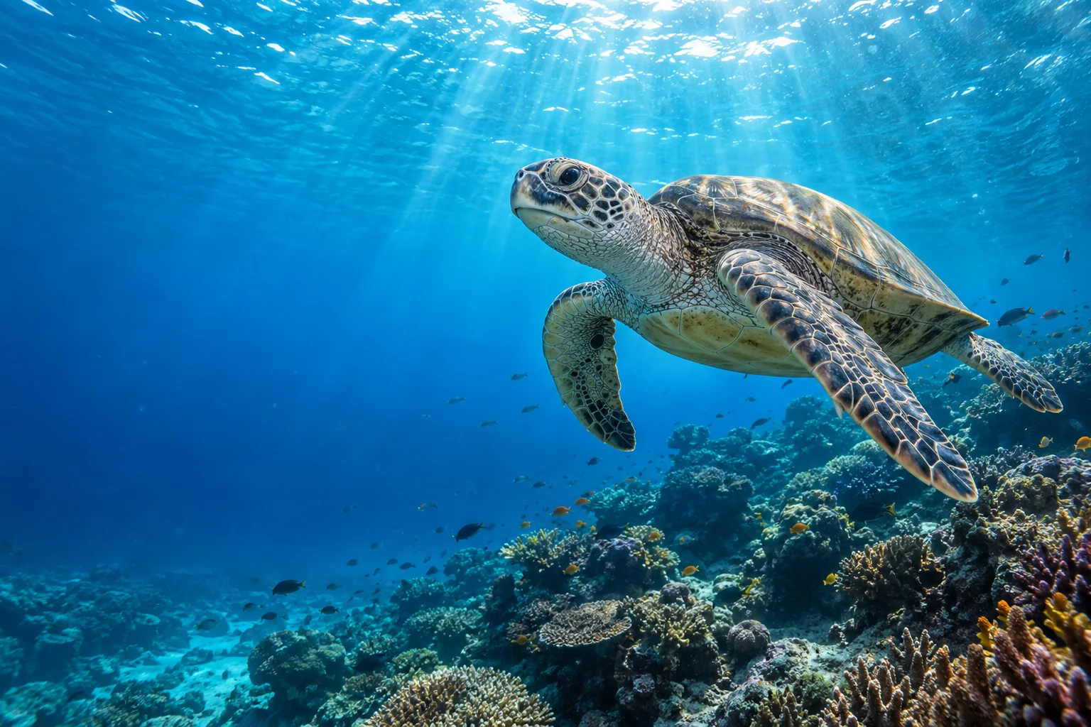 Illustration of a sea turtle swimming through clear, sunlit blue water.