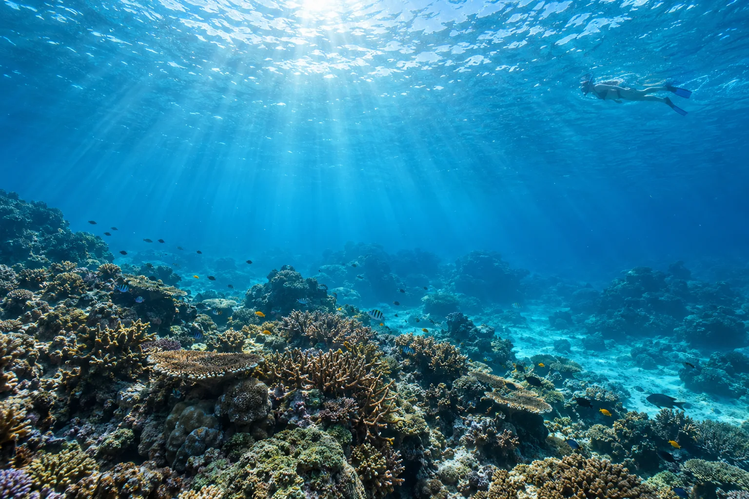Illustration of a snorkeler near the sunlit surface above a tropical coral reef.